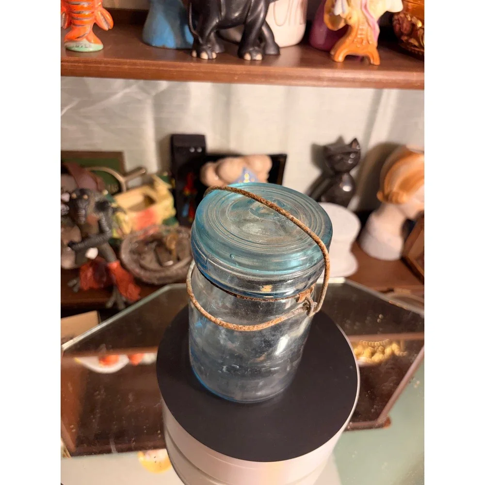 Vintage Atlas E-Z Seal Aqua Blue Glass Canning Jar with Lid and Wire Bail